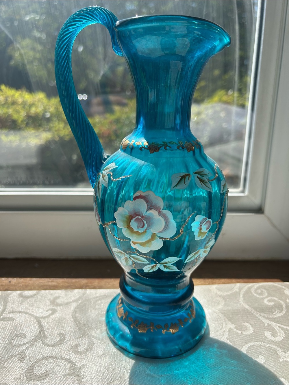 Fenton Hand-Painted Teal Glass Pitcher with Floral Motif